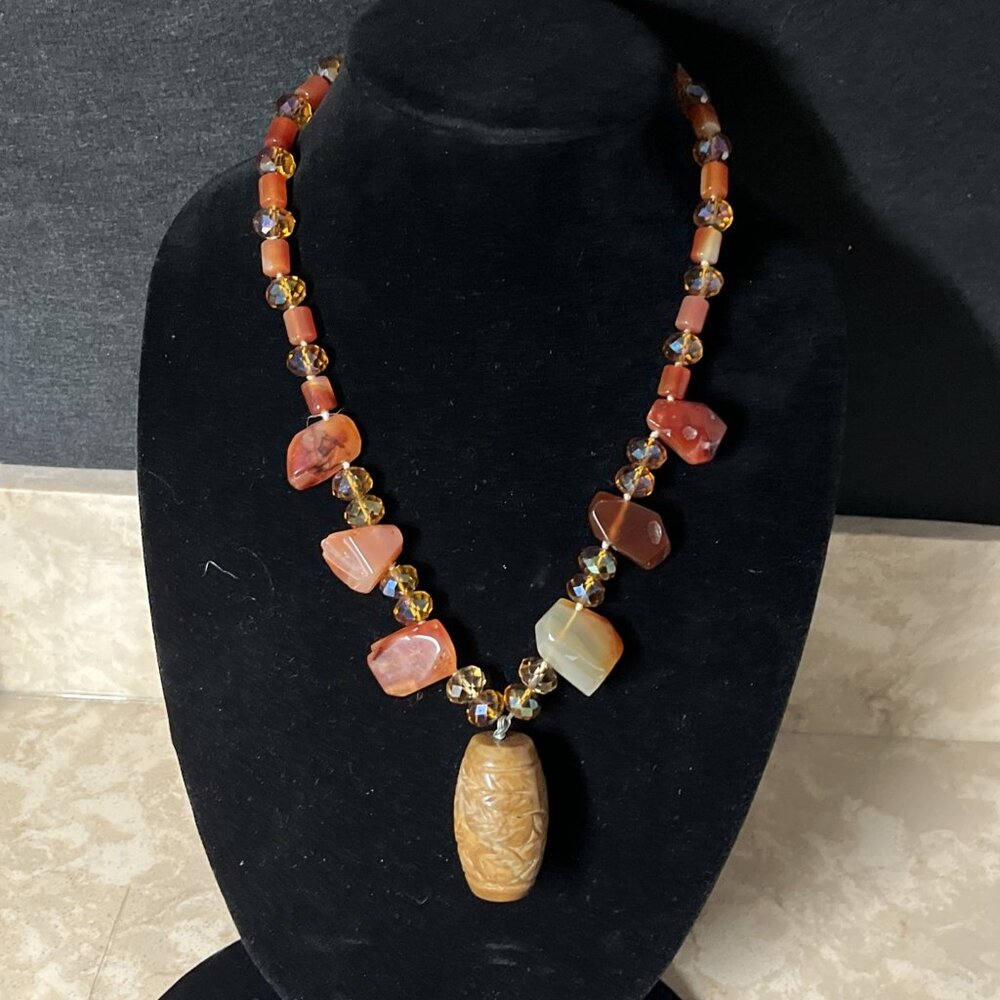 Vintage Carnelian Agate Necklace Butterscotch Jade Carved Pendant Chunky